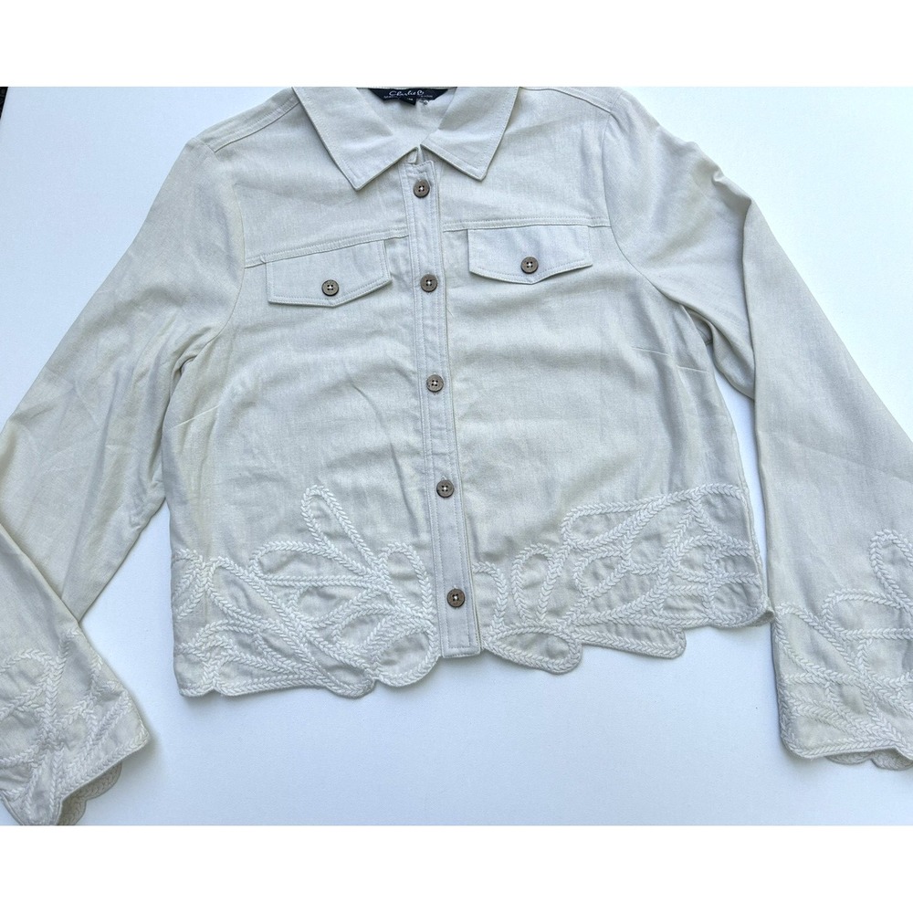 Charlie B Linen Blend Embroidered Jacket Quiest Luxury Coastal Grandma Size M